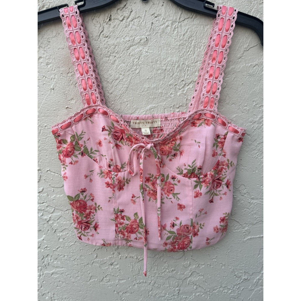 Thirty Thirty LA Pink Floral Crop Top Bustier Cottagecore Eyelet Straps Small